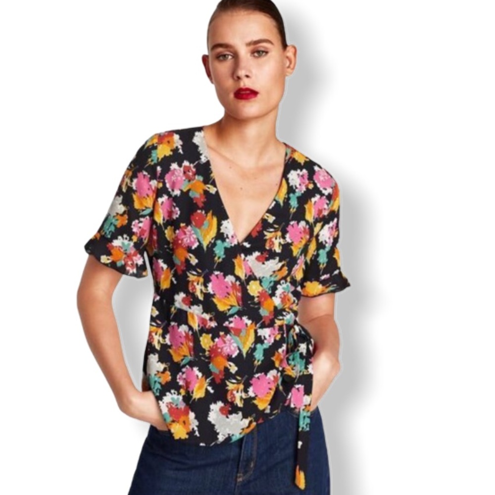 NWT - ZARA Talfrack Abstract Floral Print Wrap Top